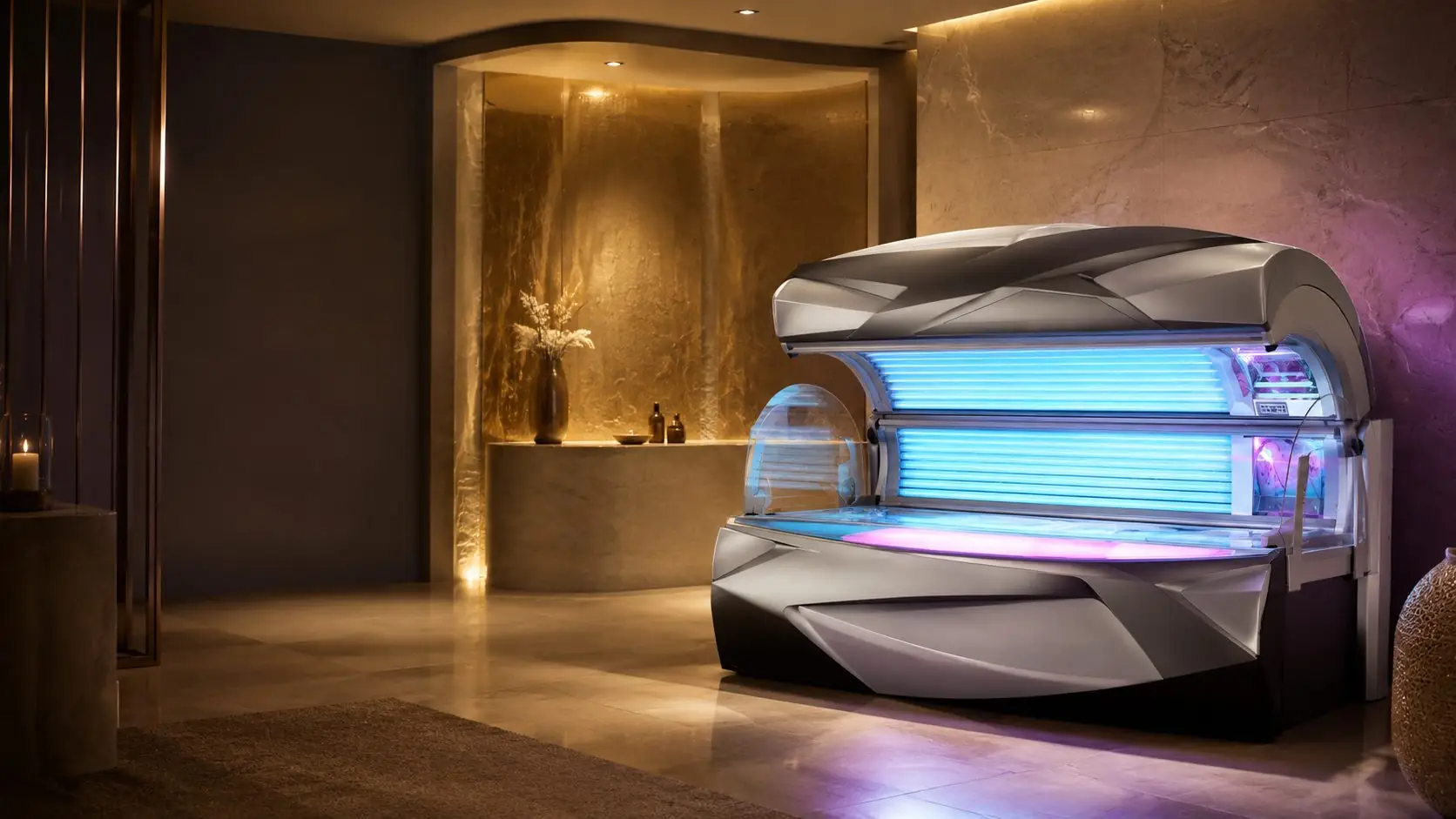 Solarium ambiance feutrée rose et dorée